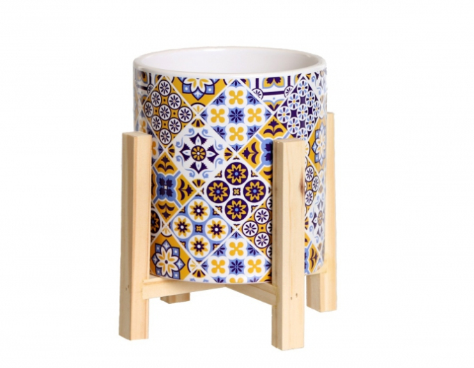 Keramický obal na květináč v dřevěném stojanu s mozaikou